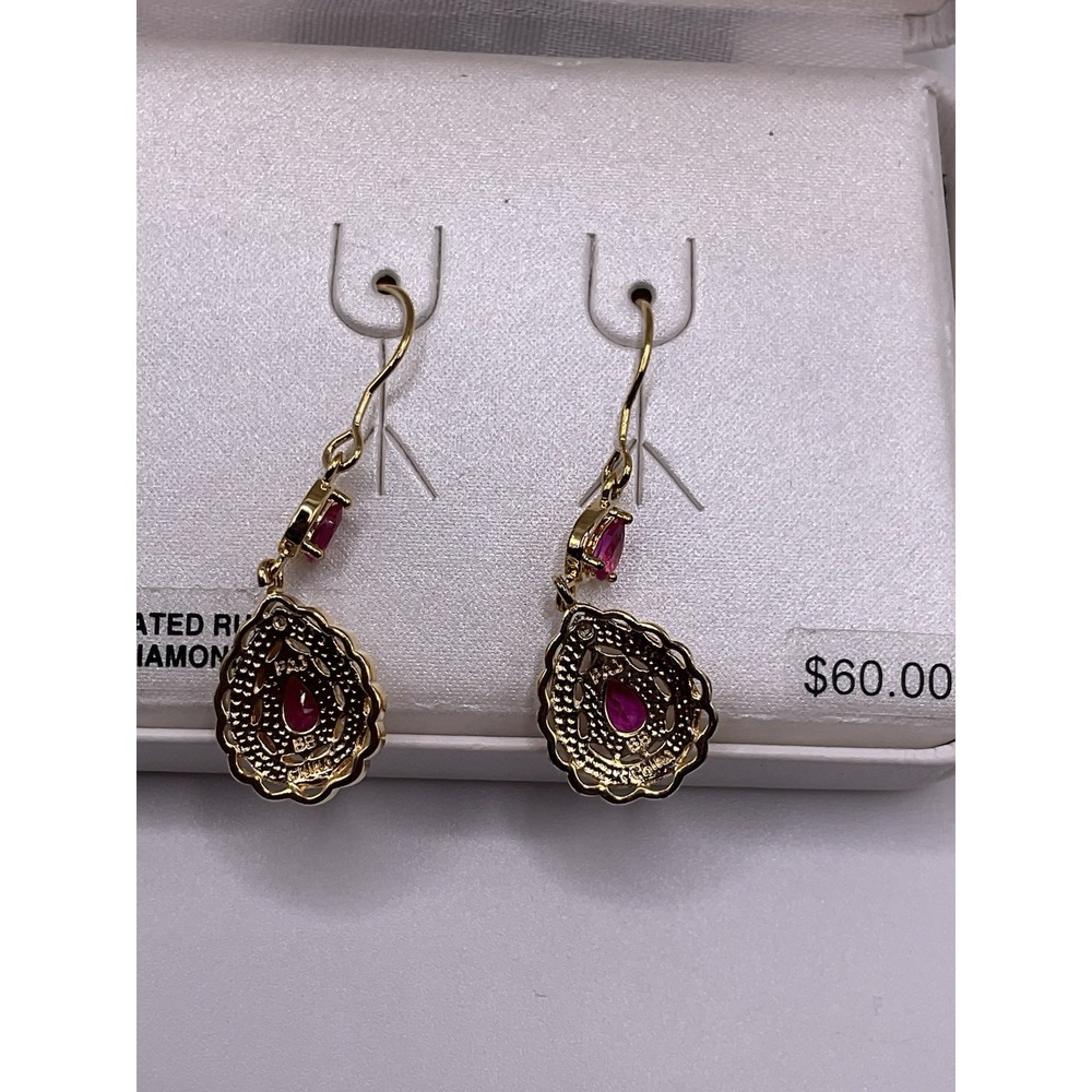 Diamond Accent Created Ruby 18kt Gold Over Brass Dangle Earrings - Picture 5 of 6